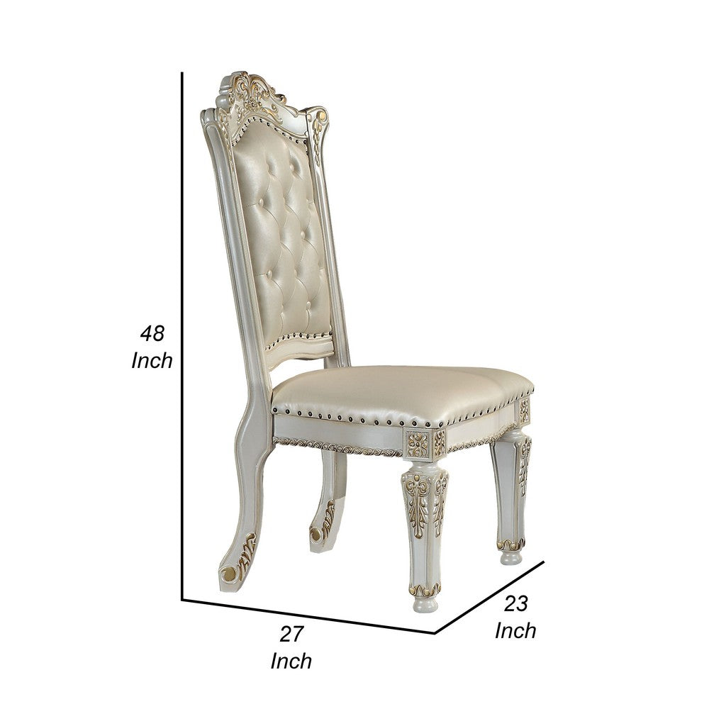 Benjara Doe 27 Inch Side Dining Chair Set of 2, Nailhead, Tufted White Faux Leather