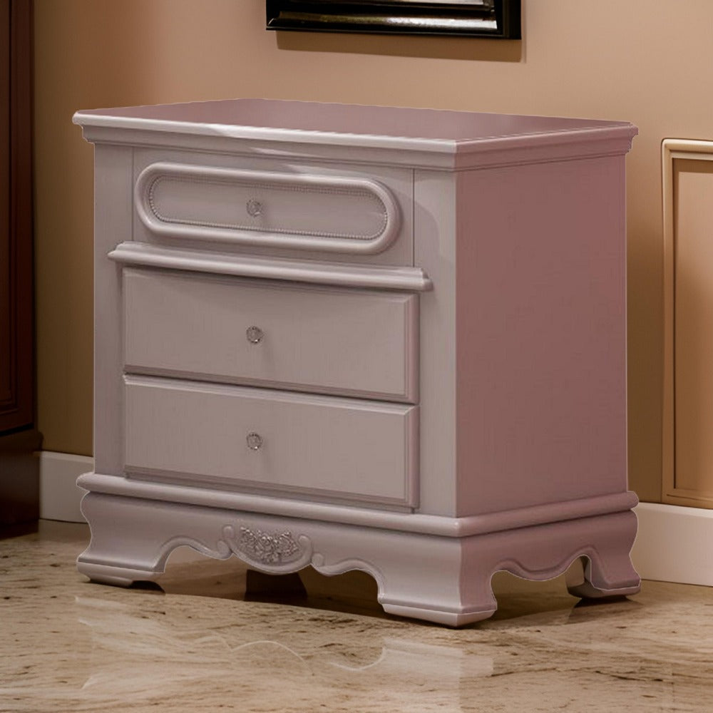 Benjara Auri 27 Inch Nightstand with 2 Drawer, Molded Trim Floral Motifs, White