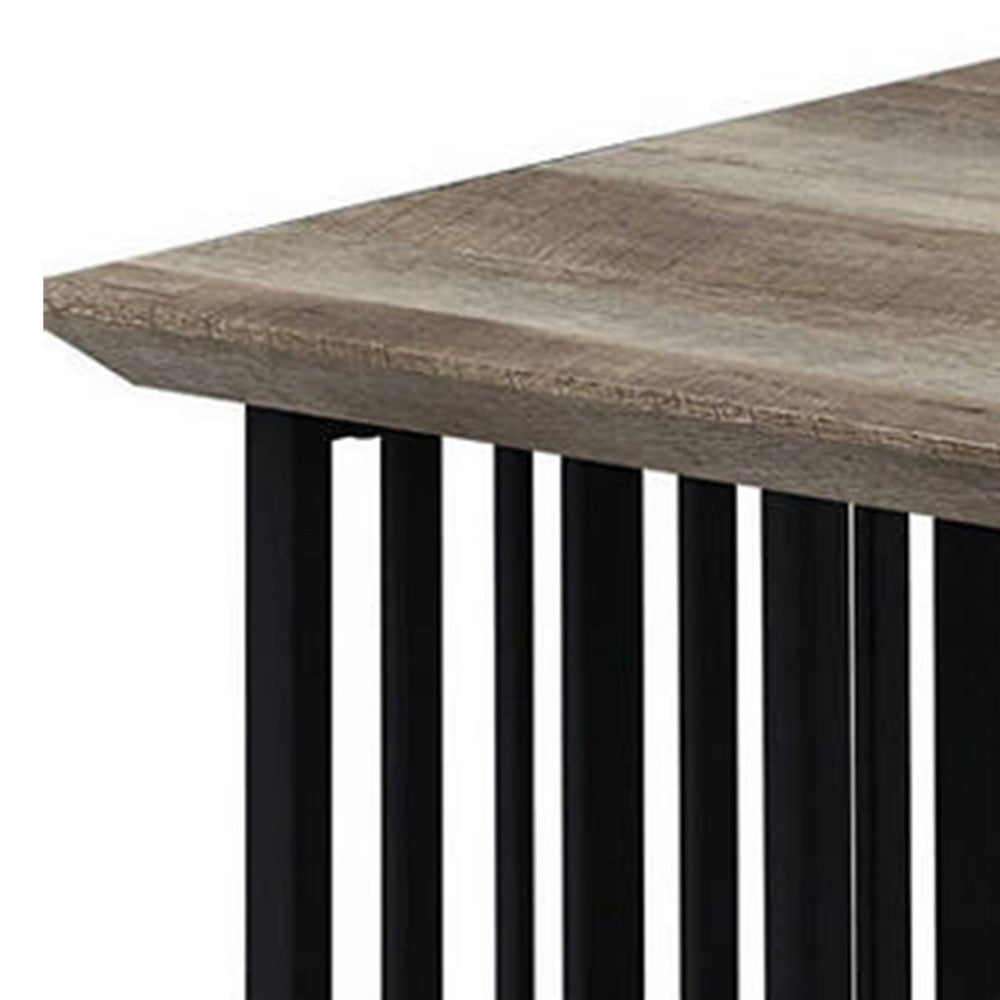 Benjara Nori 47 Inch Coffee Table, Distressed Brown Top, Black Metal Slatted Base