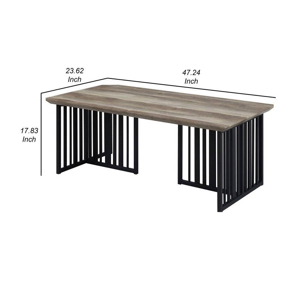 Benjara Nori 47 Inch Coffee Table, Distressed Brown Top, Black Metal Slatted Base