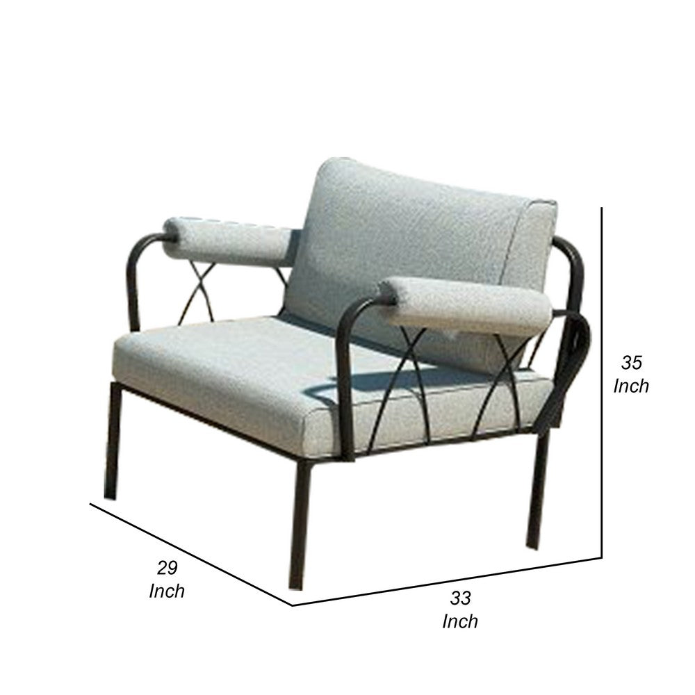 Benjara Rain 33 Inch Patio Side Chair, Armless, Sectional, Black Metal, Gray Fabric