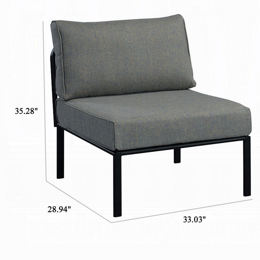 Benjara Rain 33 Inch Patio Side Chair, Armless, Sectional, Black Metal, Gray Fabric