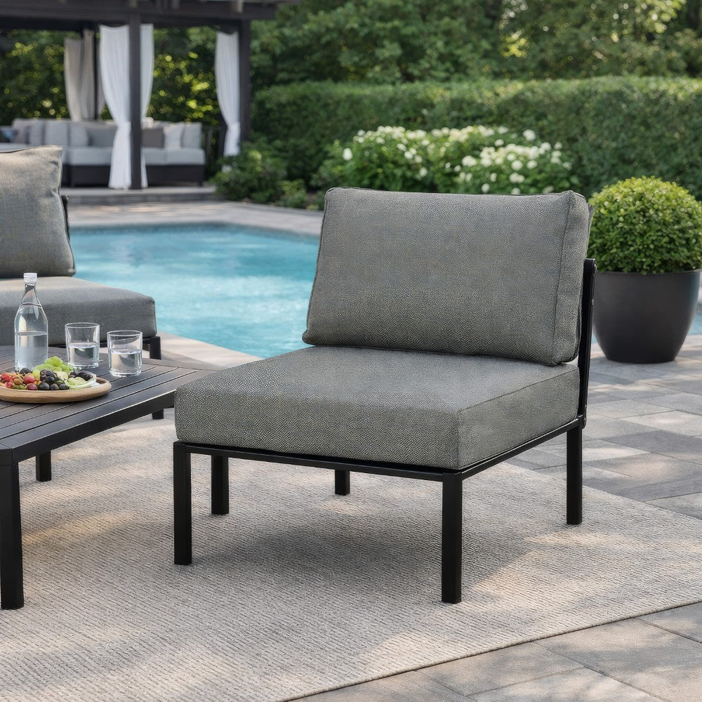 Benjara Rain 33 Inch Patio Side Chair, Armless, Sectional, Black Metal, Gray Fabric