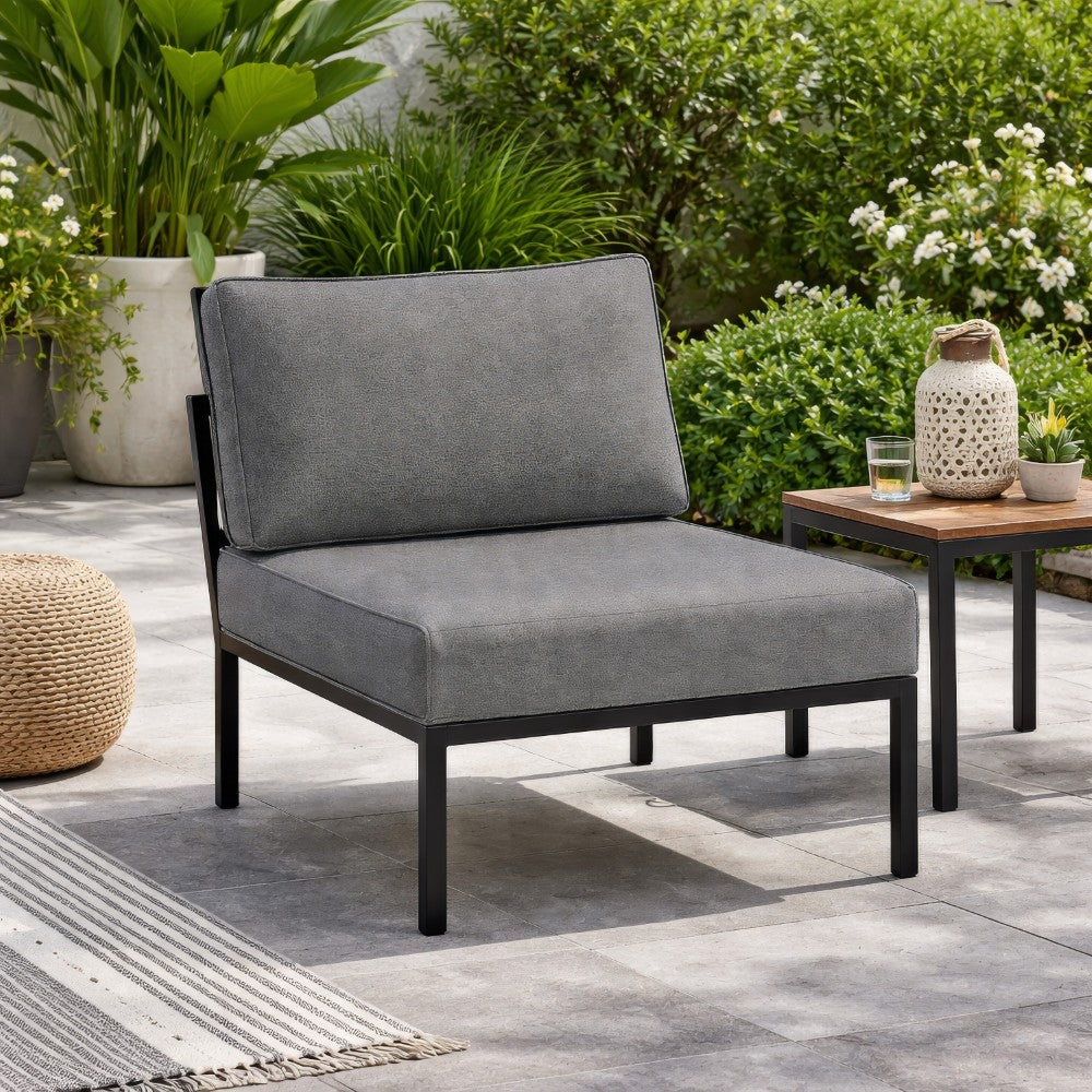 Benjara Rain 33 Inch Patio Side Chair, Armless, Sectional, Black Metal, Gray Fabric