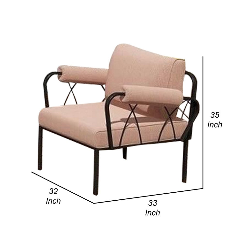 Benjara Rain 33 Inch Patio Armchair, Sectional Design, Black Metal, Pink Fabric