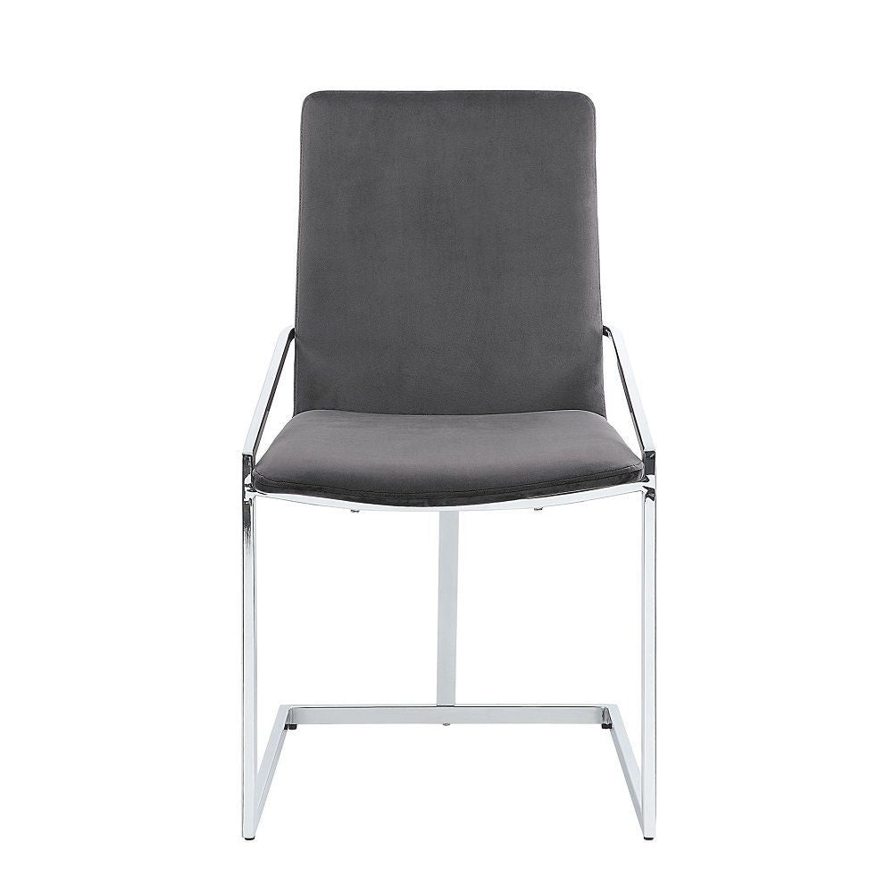Benjara 23 Inch Side Dining Chair Set of 2, Gray Velvet, Modern Chrome Metal Base