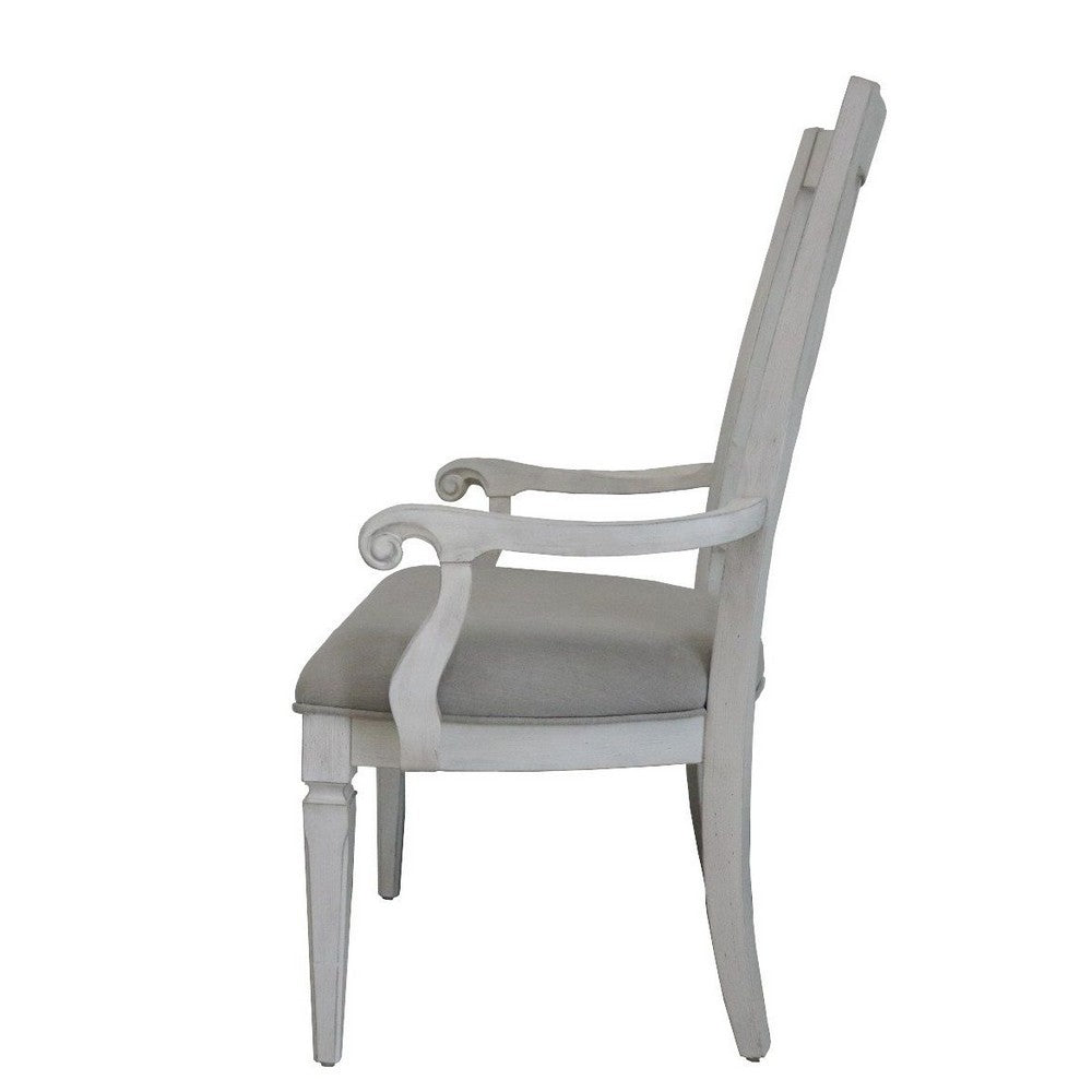 Benjara Kate 24 Inch Dining Armchair Set of 2, Light Gray Linen, White Wood Frame