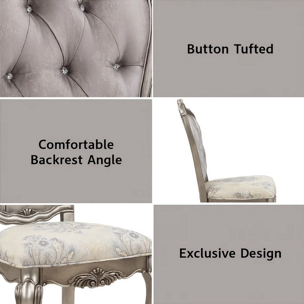 Benjara Aria 27 Inch Side Dining Chair Set of 2, Velvet, Antique Platinum Tone