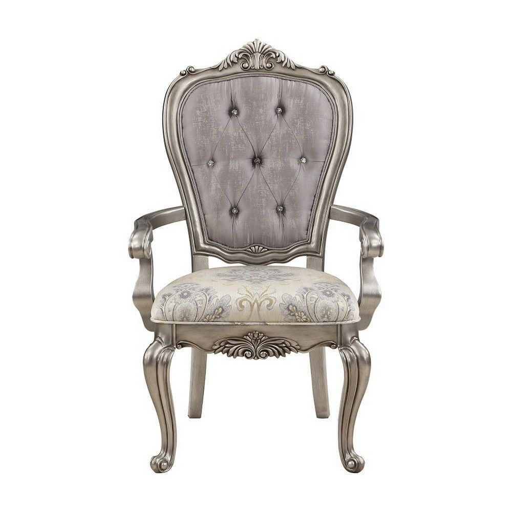 Benjara Aria 27 Inch Dining Armchair Set of 2, Plush Velvet, Antique Platinum Tone
