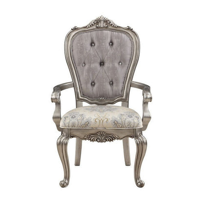 Benjara Aria 27 Inch Dining Armchair Set of 2, Plush Velvet, Antique Platinum Tone