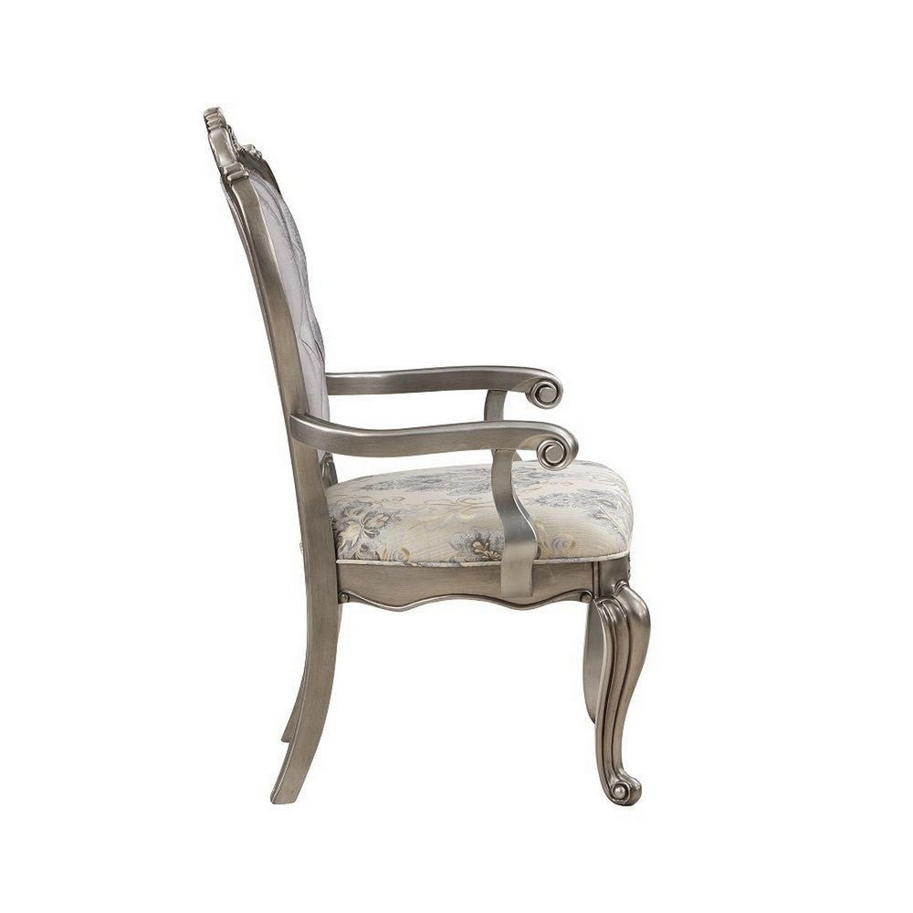 Benjara Aria 27 Inch Dining Armchair Set of 2, Plush Velvet, Antique Platinum Tone