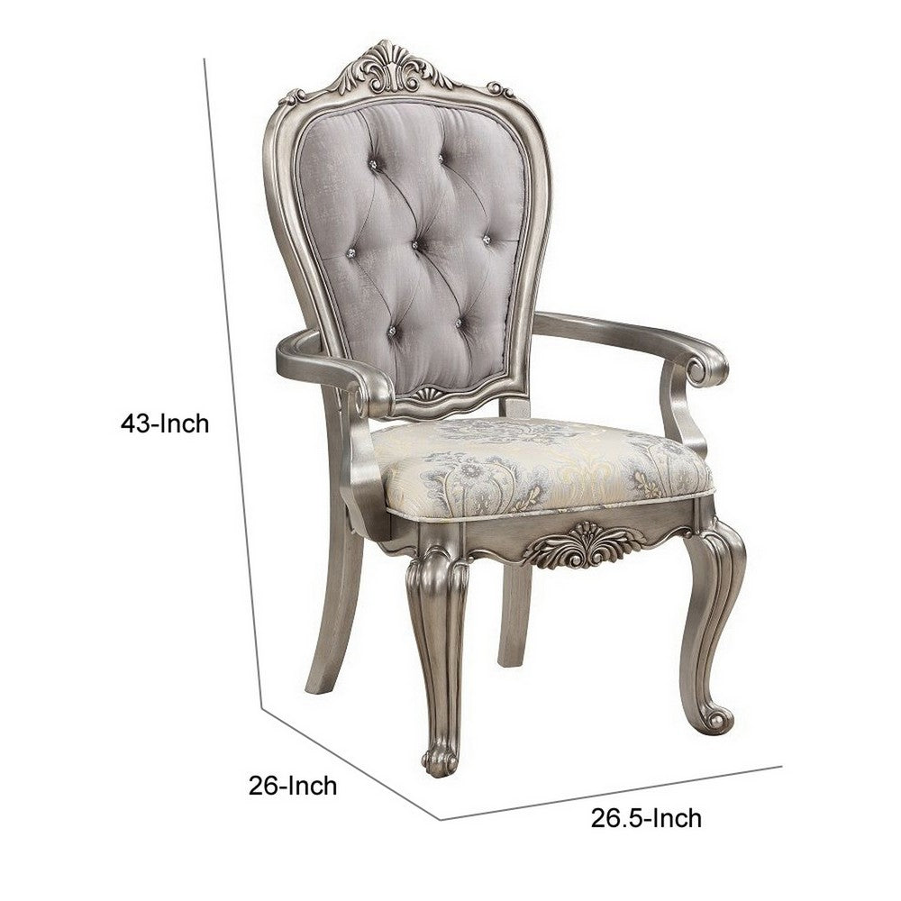 Benjara Aria 27 Inch Dining Armchair Set of 2, Plush Velvet, Antique Platinum Tone