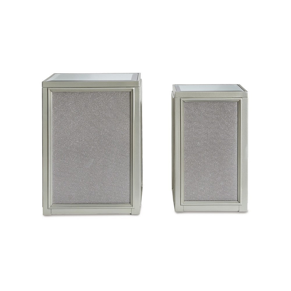 Benjara Brad Set of 2 Nesting Side End Tables, Mirrored Glass, Silver Wood Finish