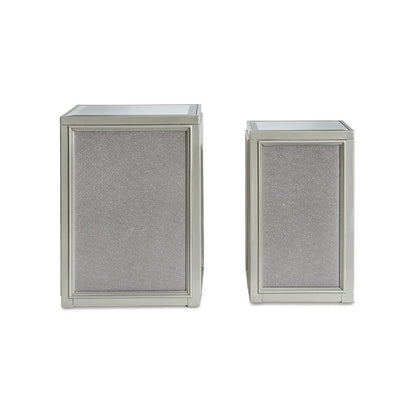 Benjara Brad Set of 2 Nesting Side End Tables, Mirrored Glass, Silver Wood Finish