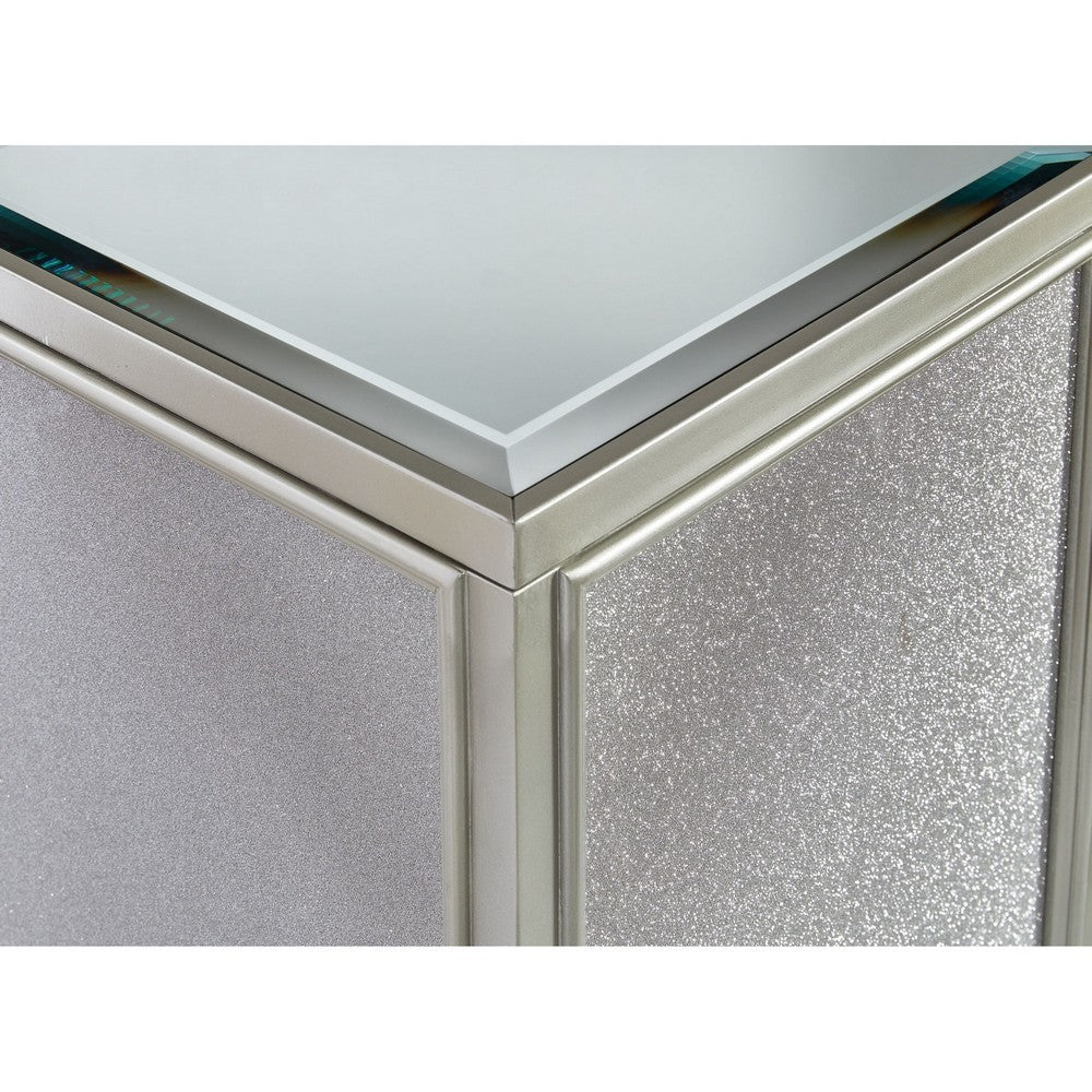 Benjara Brad Set of 2 Nesting Side End Tables, Mirrored Glass, Silver Wood Finish