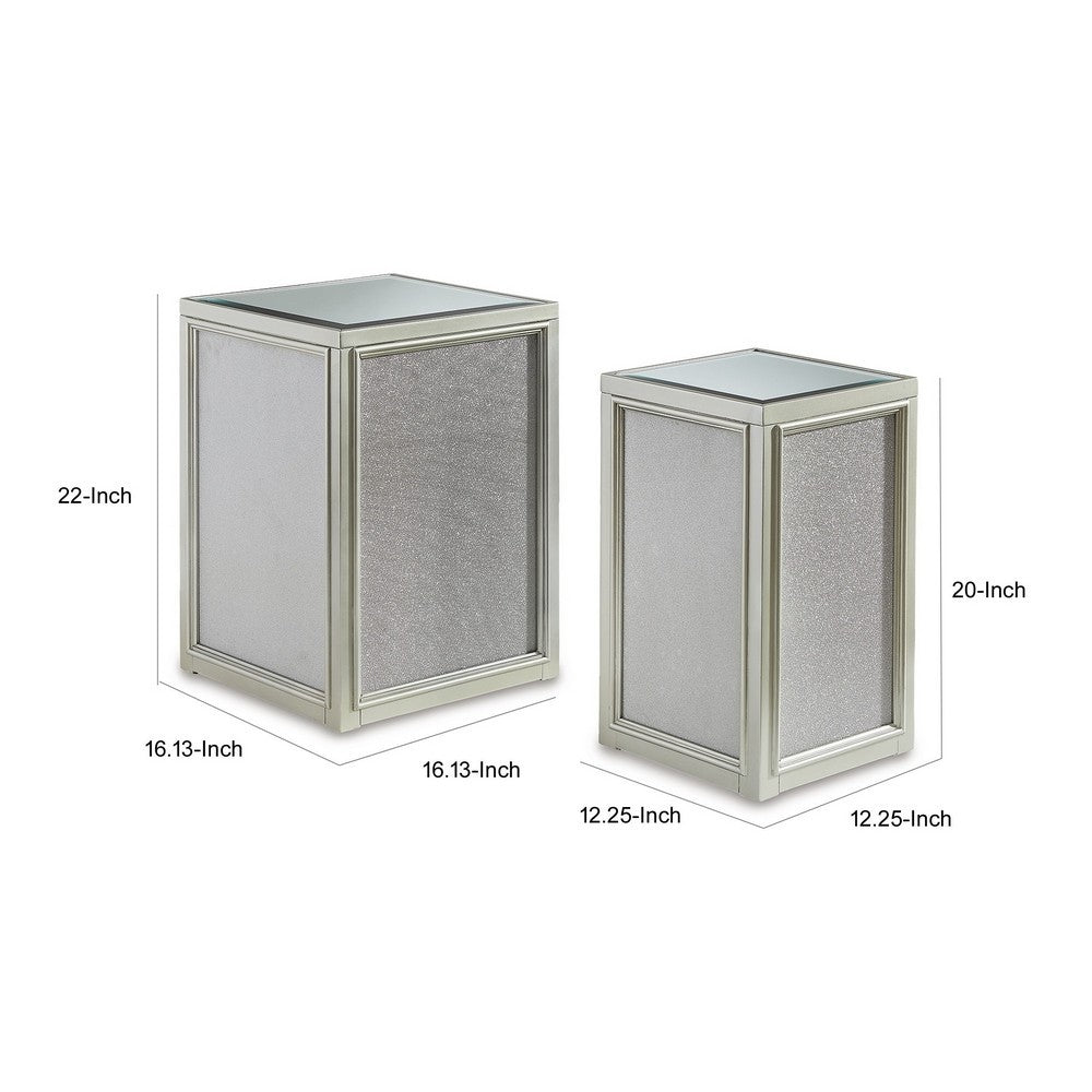 Benjara Brad Set of 2 Nesting Side End Tables, Mirrored Glass, Silver Wood Finish