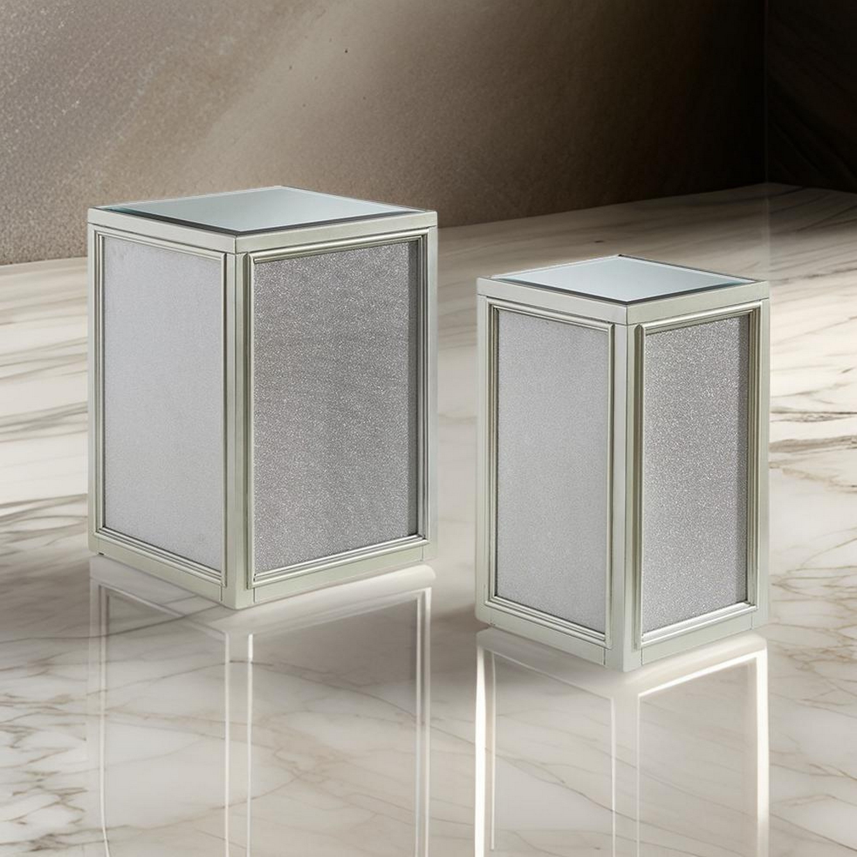 Benjara Brad Set of 2 Nesting Side End Tables, Mirrored Glass, Silver Wood Finish