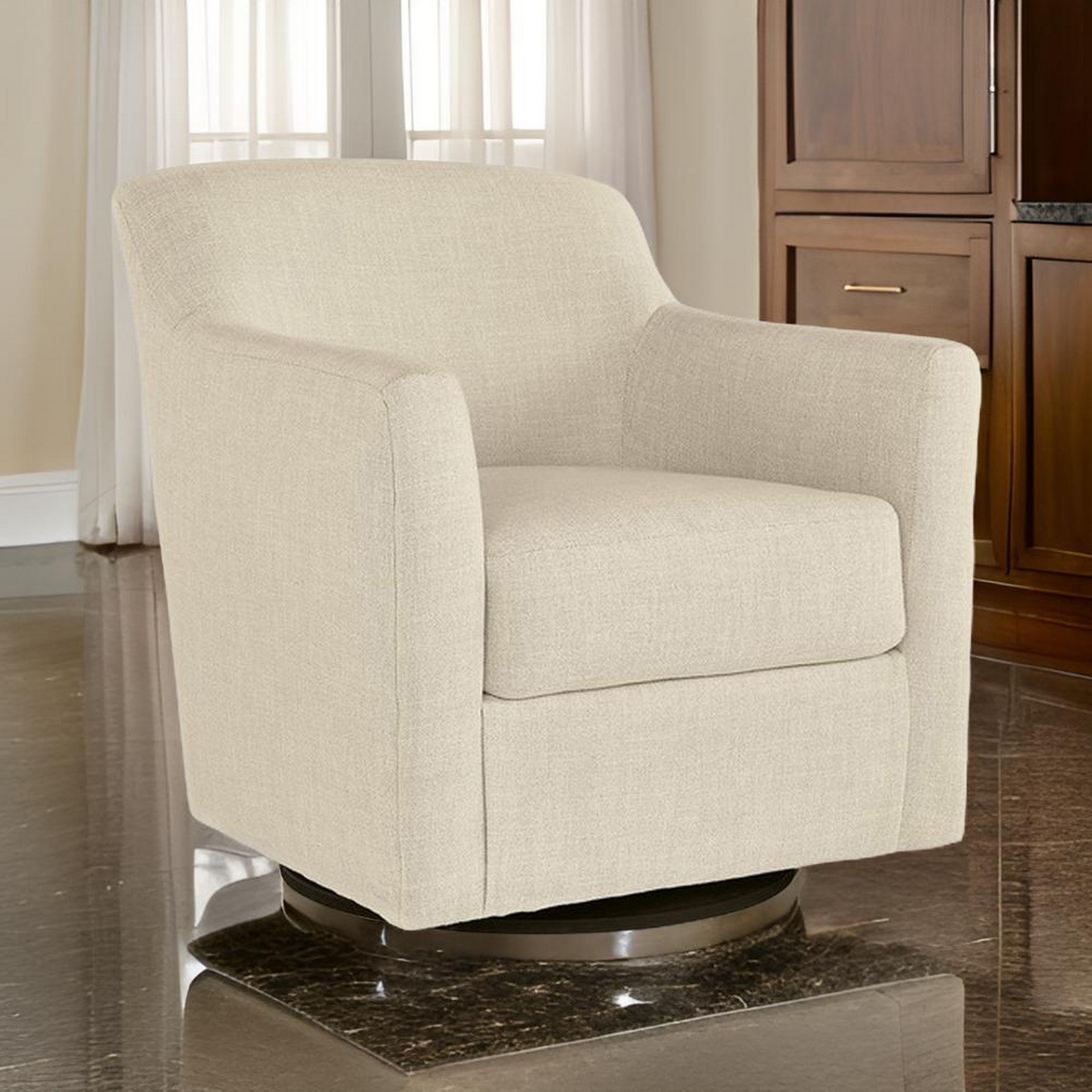 Benjara Leena 35 Inch Swivel Accent Chair, Soft Beige Linen Polyester, Reversible