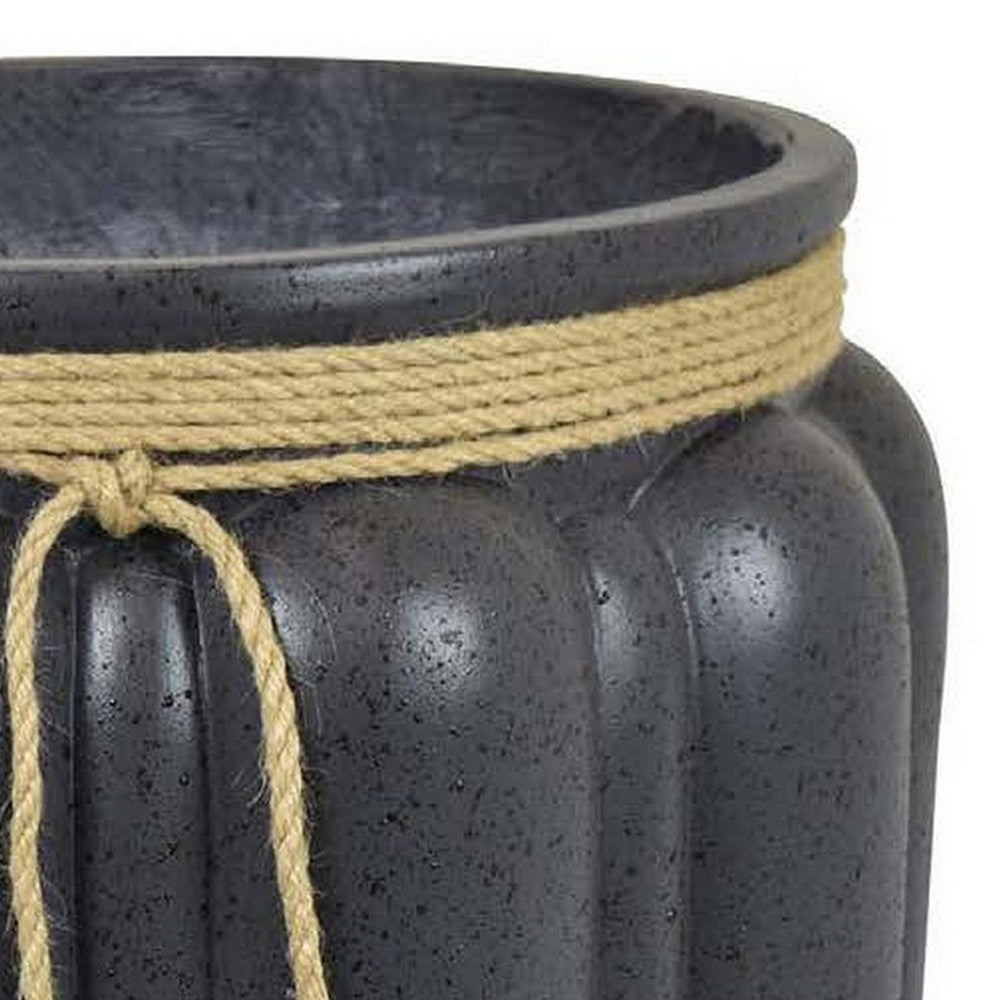 Benjara Rave 17 Inch Planter, Pumpkin Like Shape And Rope Details, Black Resin