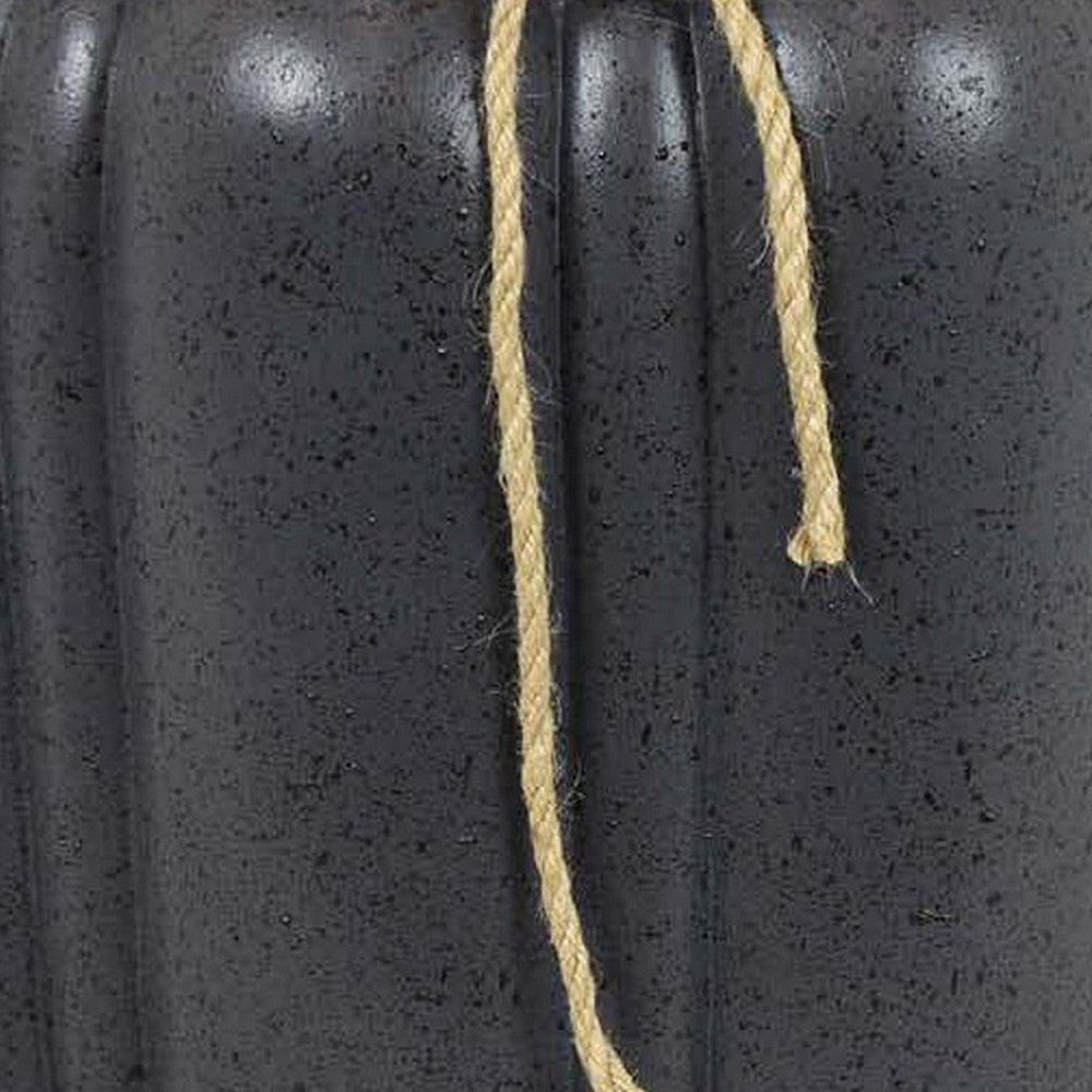 Benjara Rave 17 Inch Planter, Pumpkin Like Shape And Rope Details, Black Resin