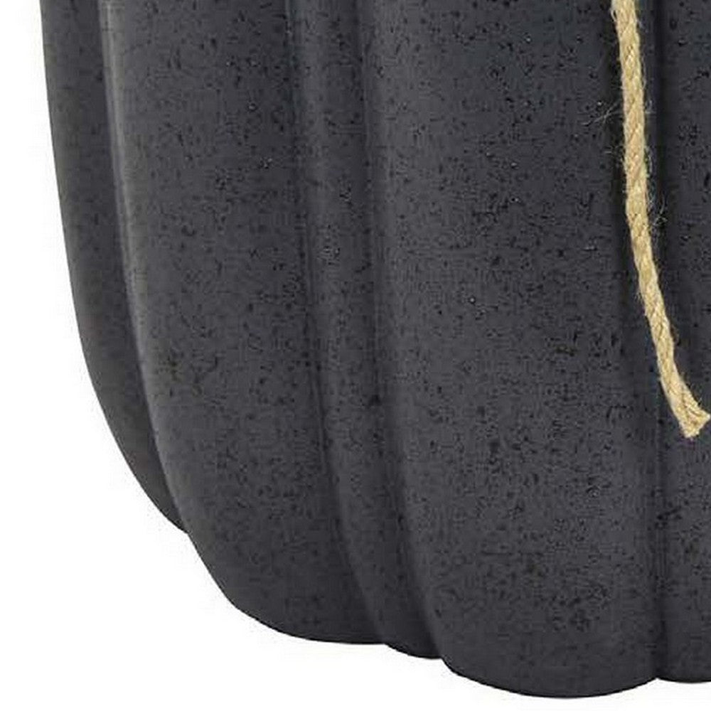 Benjara Rave 17 Inch Planter, Pumpkin Like Shape And Rope Details, Black Resin