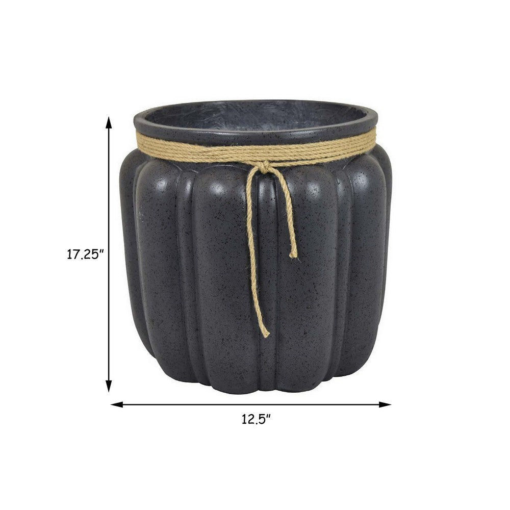 Benjara Rave 17 Inch Planter, Pumpkin Like Shape And Rope Details, Black Resin
