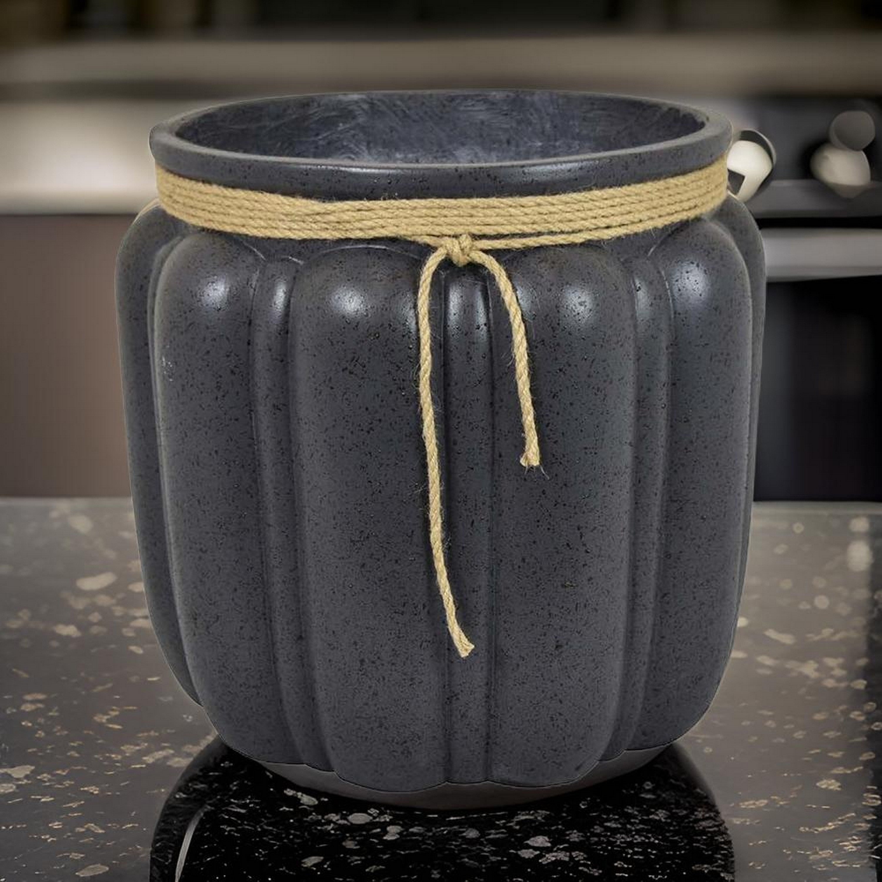 Benjara Rave 17 Inch Planter, Pumpkin Like Shape And Rope Details, Black Resin