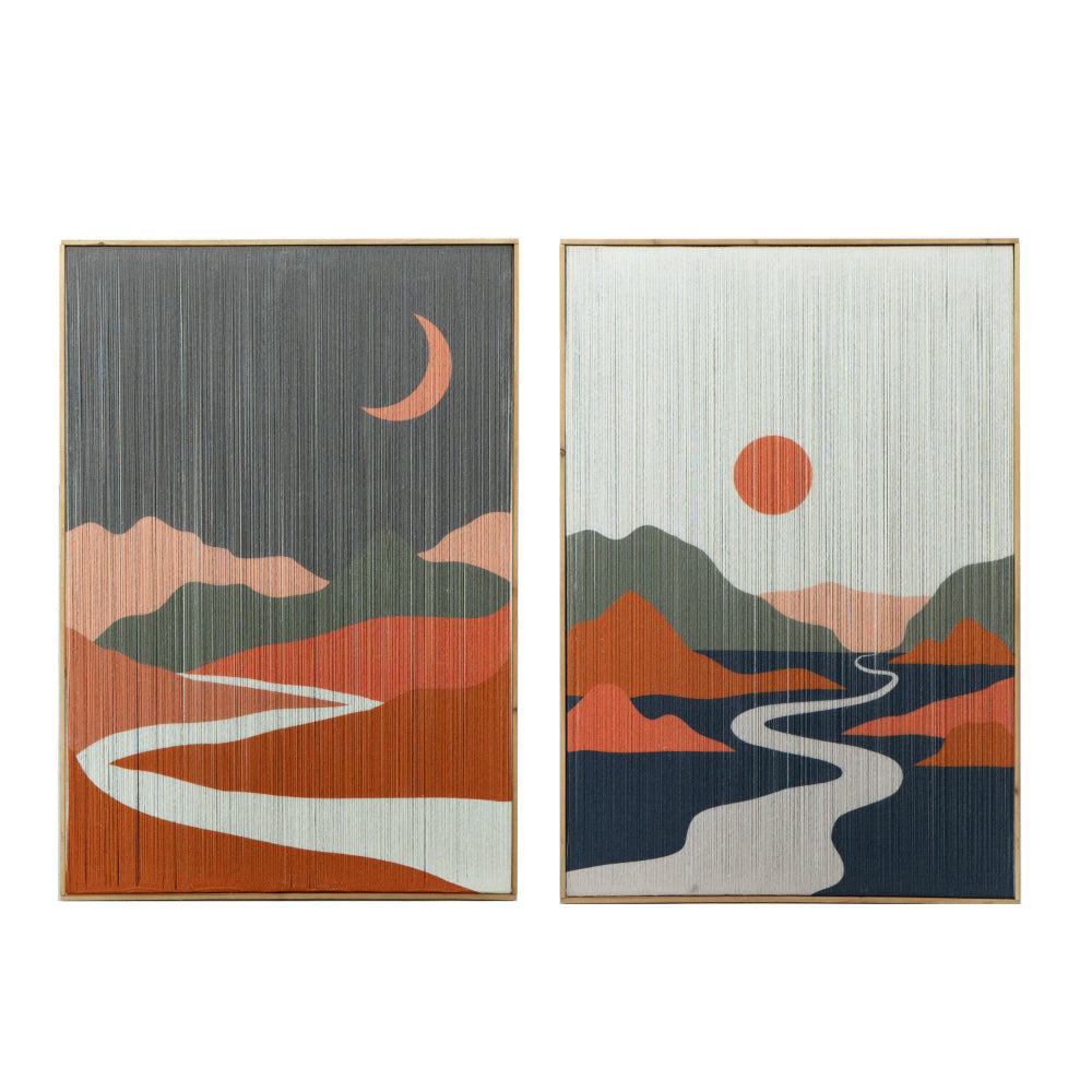 Benjara 27 x 38 Wall Art Set of 2, Day And Night Design, Fir Wood, Orange, Gray