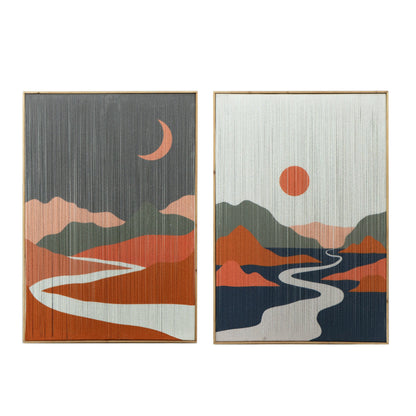 Benjara 27 x 38 Wall Art Set of 2, Day And Night Design, Fir Wood, Orange, Gray