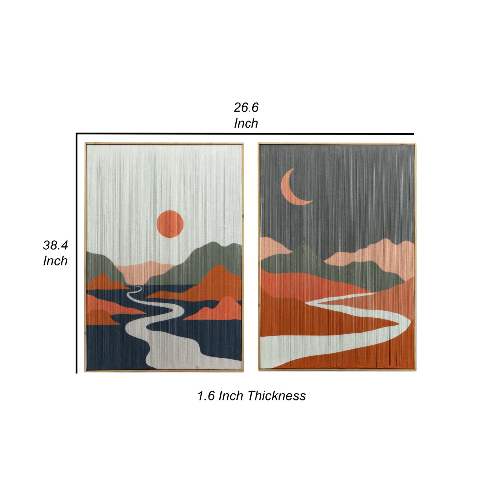 Benjara 27 x 38 Wall Art Set of 2, Day And Night Design, Fir Wood, Orange, Gray