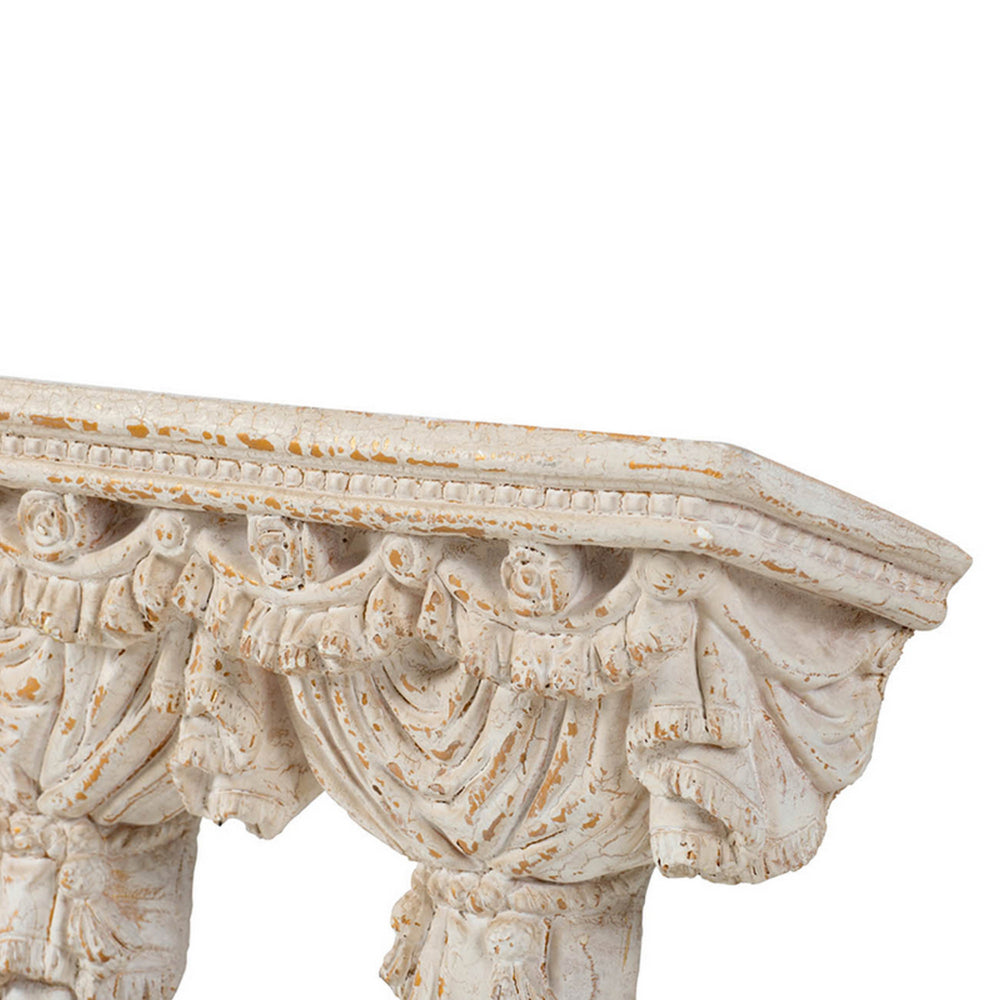 Benjara Siry 20 Inch Antique Wall Shelf, Carved Home Decor Accent, White Magnesium