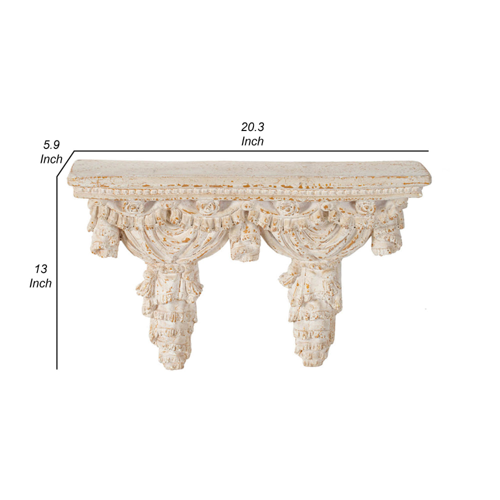 Benjara Siry 20 Inch Antique Wall Shelf, Carved Home Decor Accent, White Magnesium
