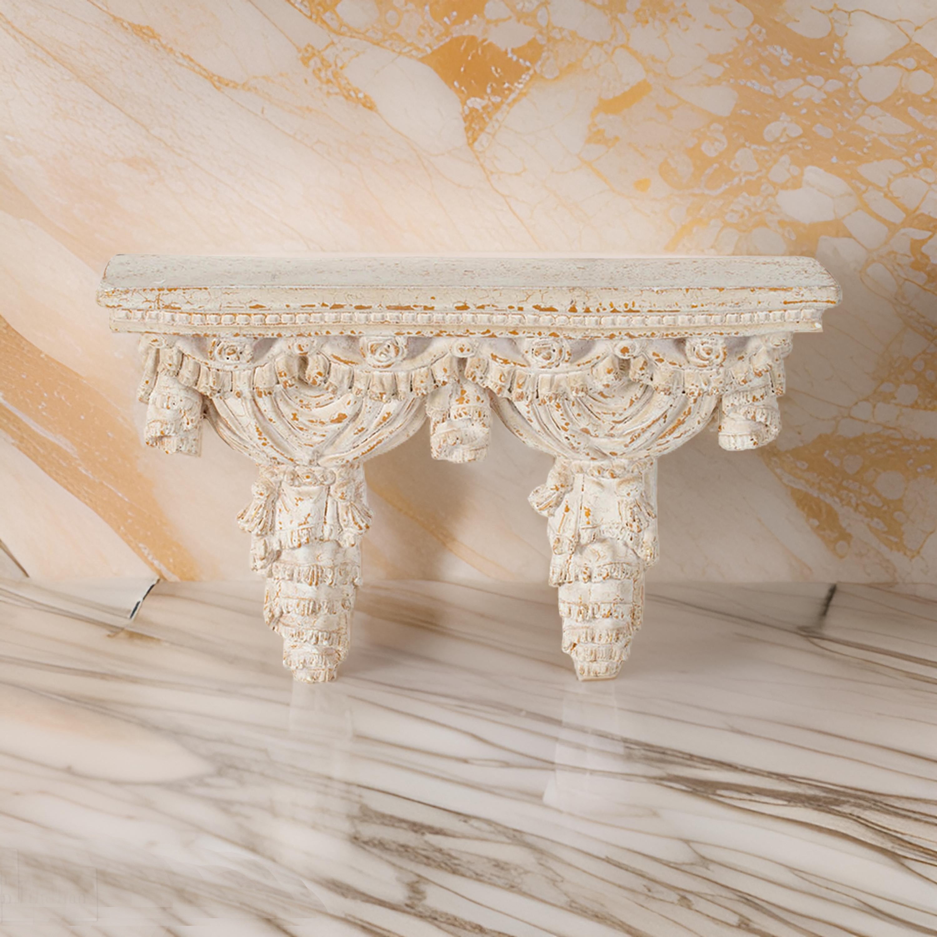 Benjara Siry 20 Inch Antique Wall Shelf, Carved Home Decor Accent, White Magnesium