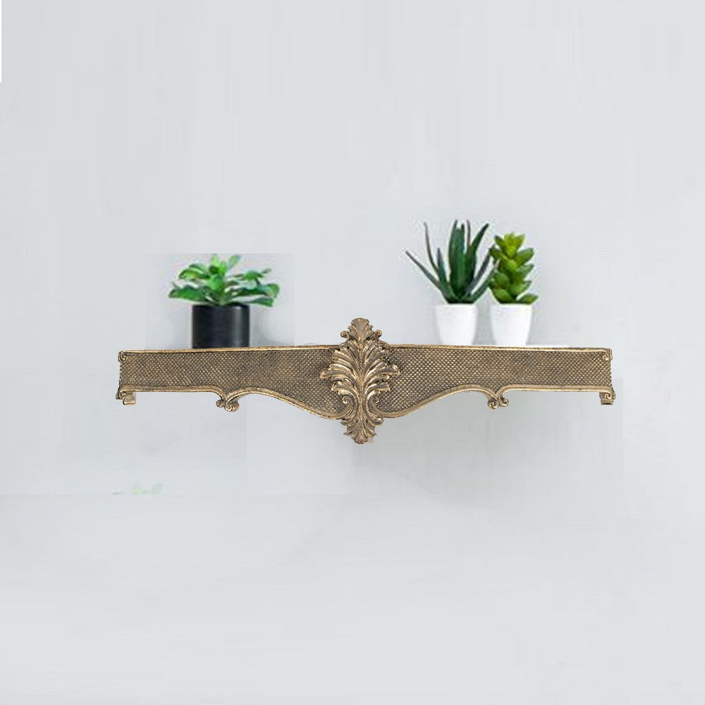 Benjara Riry 23 Inch Wall Plaque Shelf, Dotted Texture, Metal, Gold Resin Finish