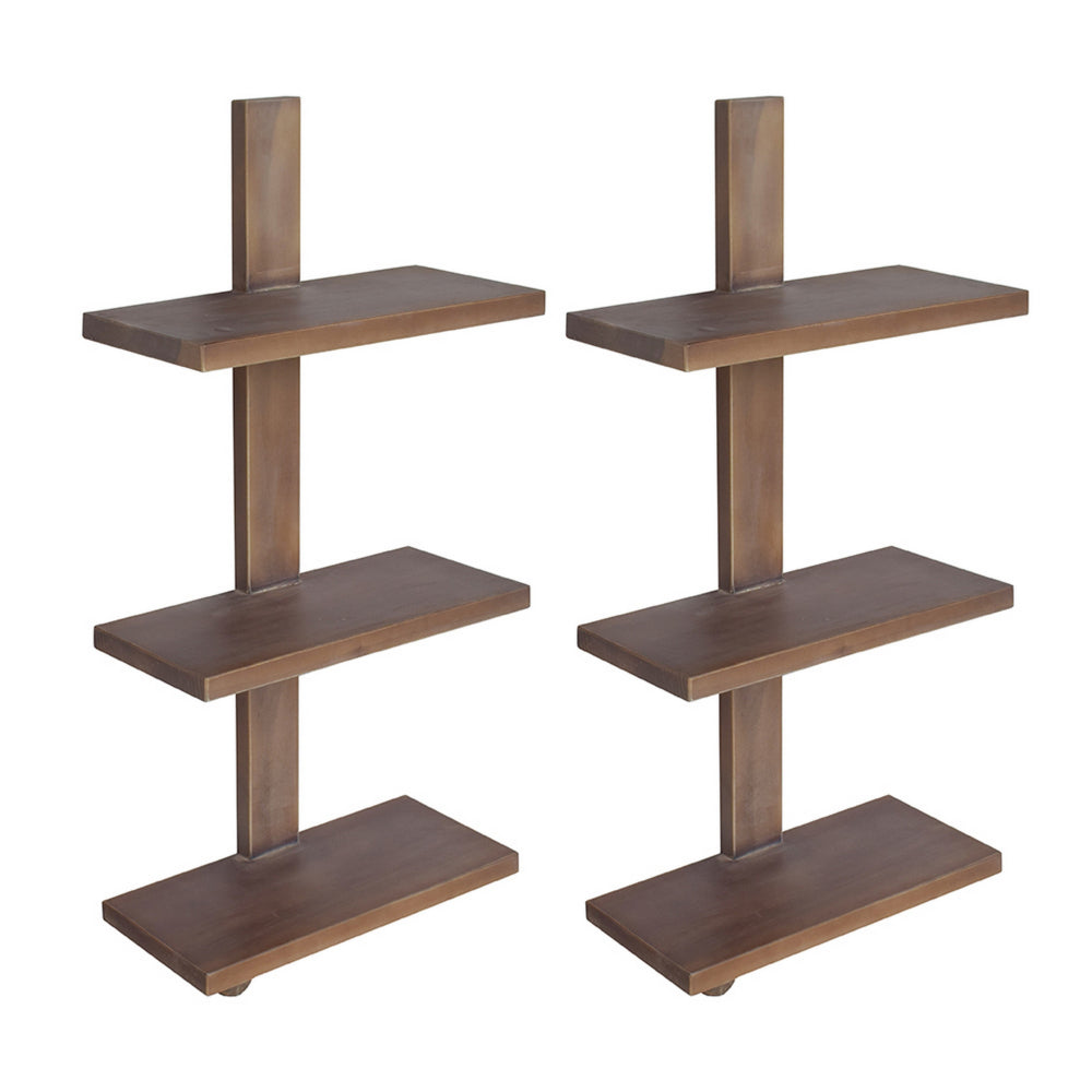 Benjara Firy 37 Inch Set of 2 Hanging Shelves, 3 Tiers, Natural Waru Wood Finish