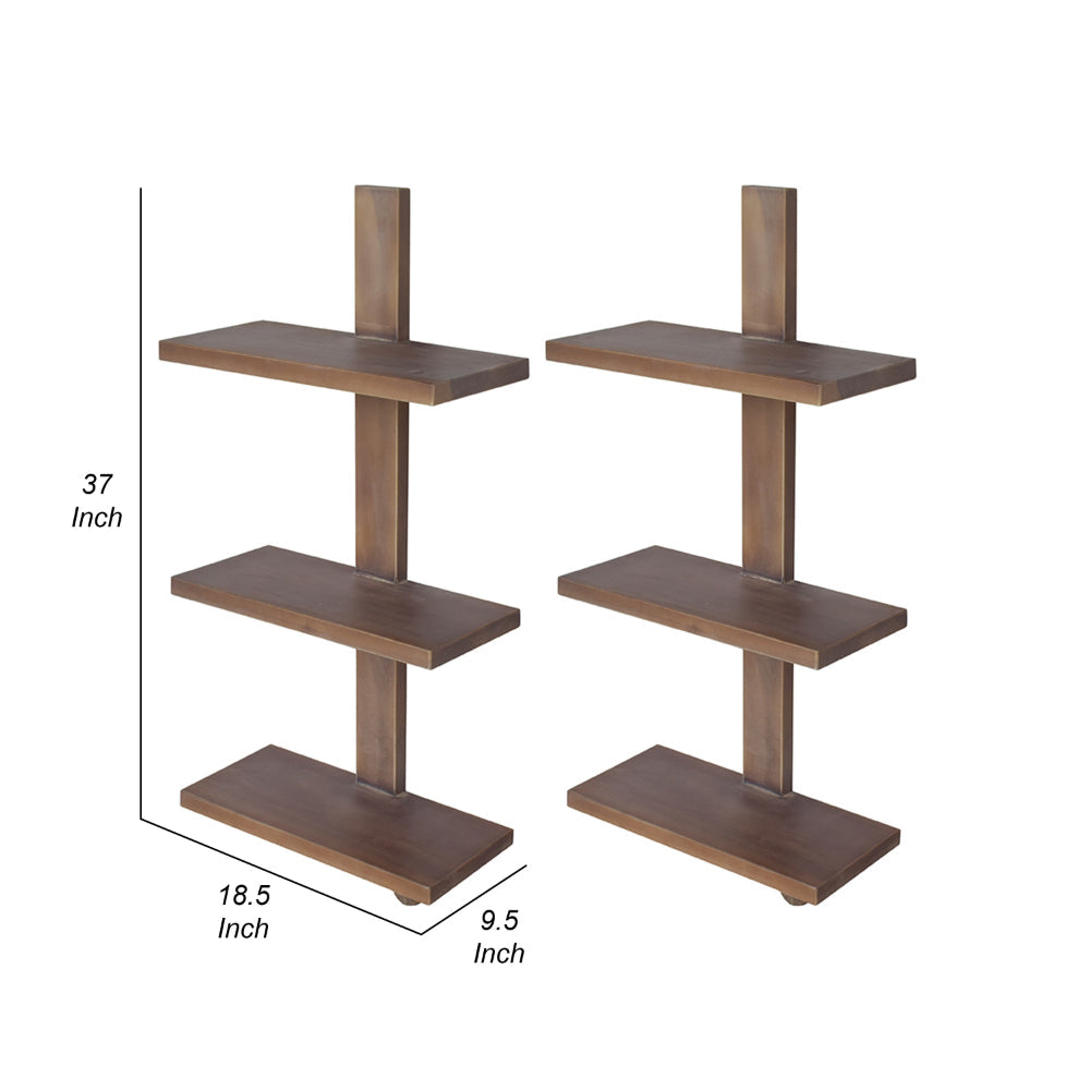 Benjara Firy 37 Inch Set of 2 Hanging Shelves, 3 Tiers, Natural Waru Wood Finish