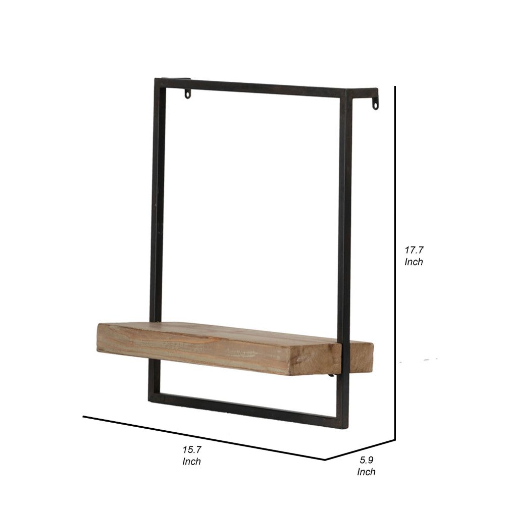 Benjara Yin 18 Inch Wall Shelf, Rectangular Industrial Frame, Black Iron Brown Wood