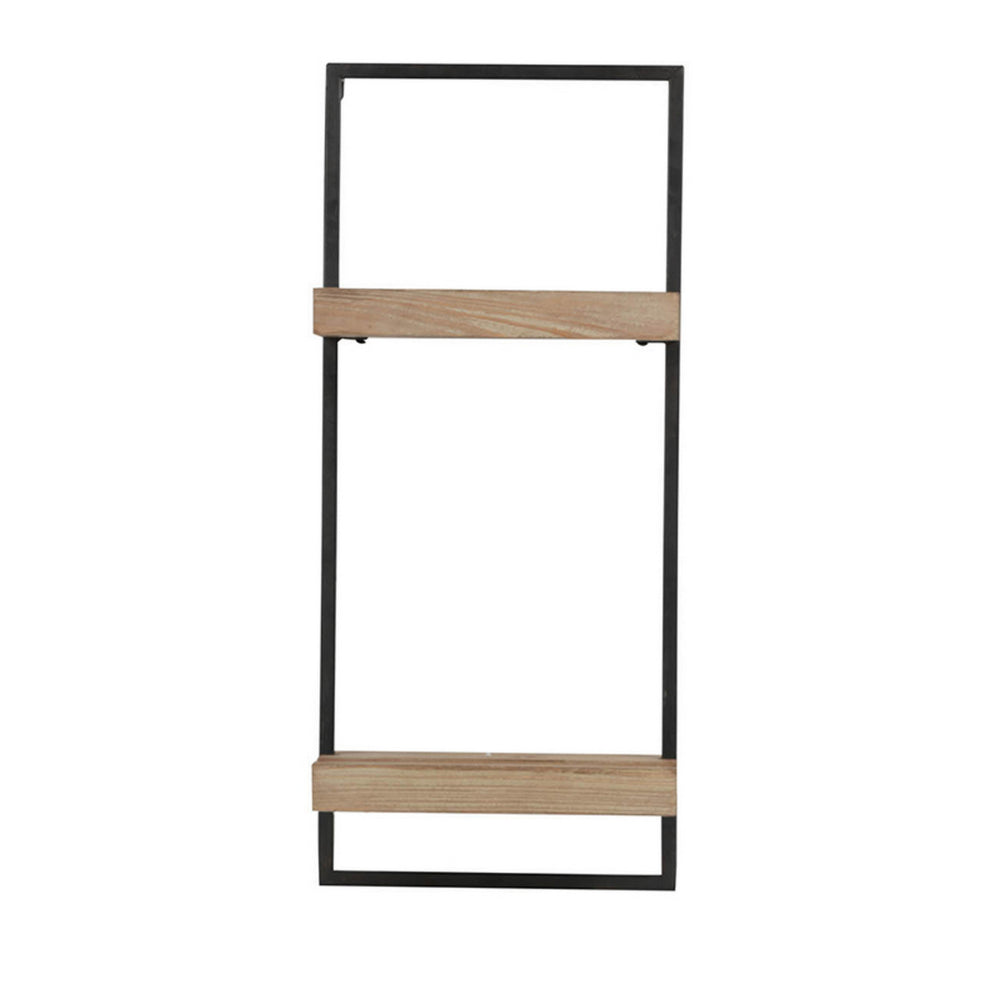Benjara Yin 27 Inch Wall Shelf with 2 Tiers, Rectangular Black Iron, Brown Wood