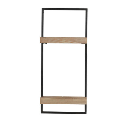 Benjara Yin 27 Inch Wall Shelf with 2 Tiers, Rectangular Black Iron, Brown Wood