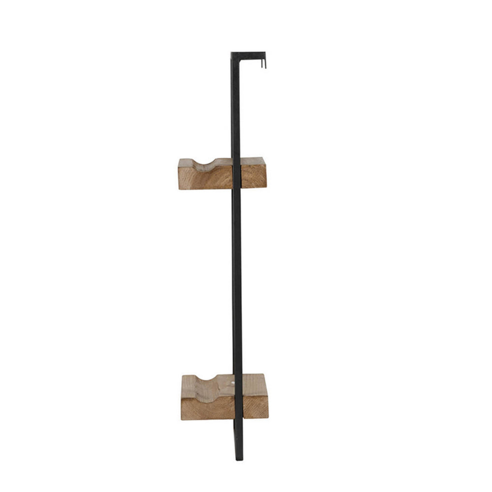 Benjara Yin 27 Inch Wall Shelf with 2 Tiers, Rectangular Black Iron, Brown Wood