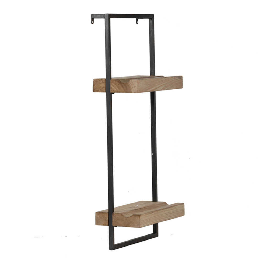 Benjara Yin 27 Inch Wall Shelf with 2 Tiers, Rectangular Black Iron, Brown Wood