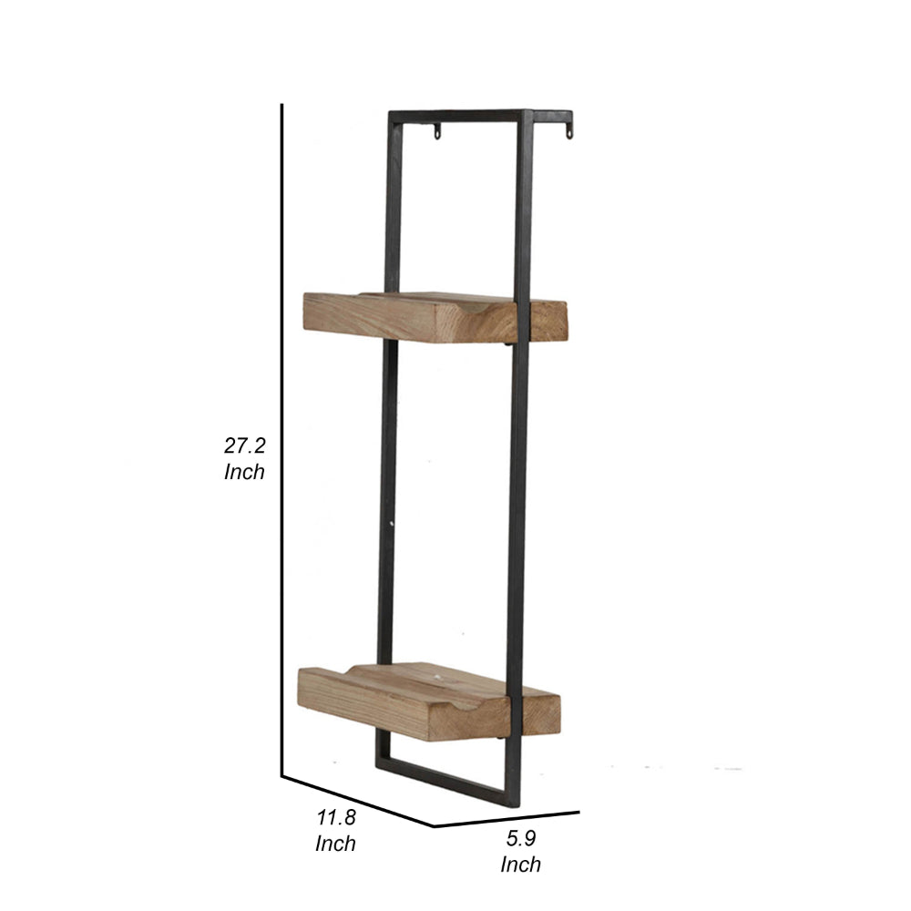 Benjara Yin 27 Inch Wall Shelf with 2 Tiers, Rectangular Black Iron, Brown Wood