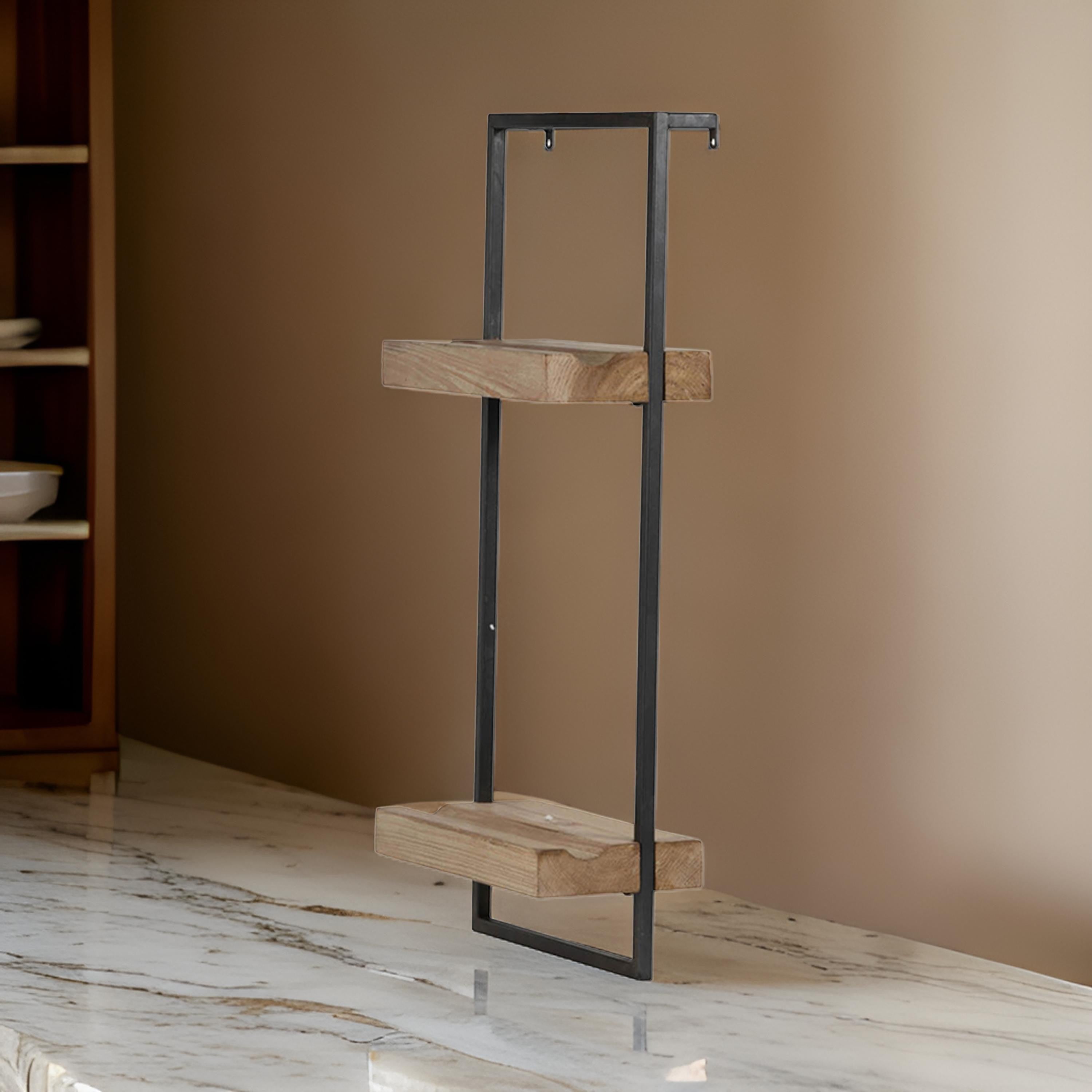 Benjara Yin 27 Inch Wall Shelf with 2 Tiers, Rectangular Black Iron, Brown Wood