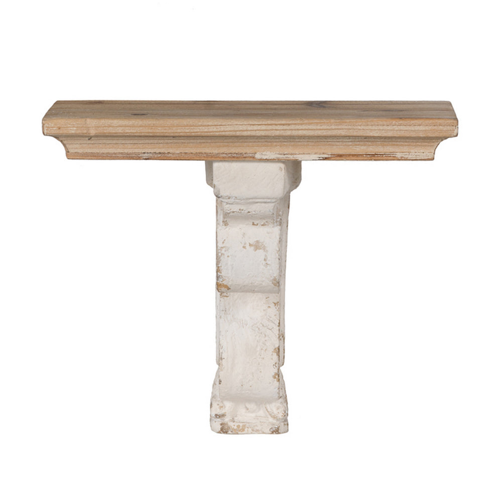 Benjara Rick 14 Inch Wall Shelf, Rectangular Brown Top, Fir Wood, Distressed White
