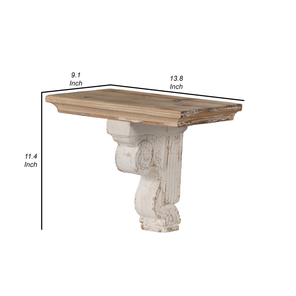 Benjara Rick 14 Inch Wall Shelf, Rectangular Brown Top, Fir Wood, Distressed White