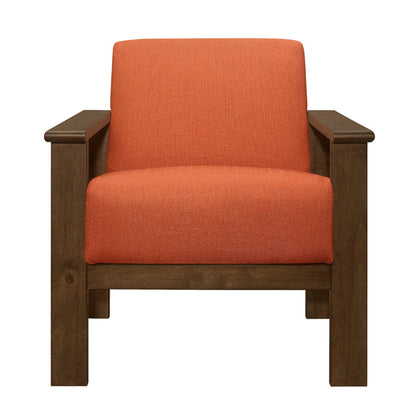 Benjara Bella 32 Inch Accent Chair Armchair, Storage Arms, Orange, Solid Rubberwood