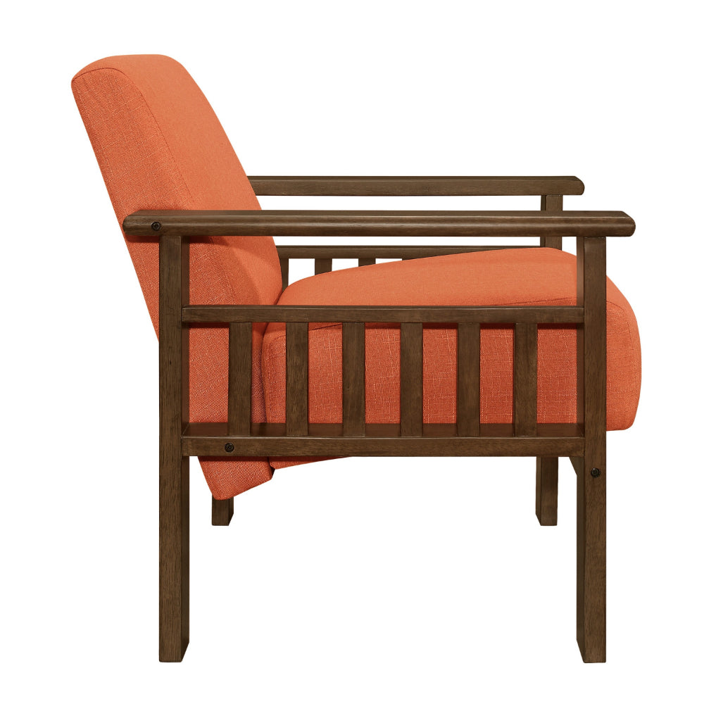 Benjara Bella 32 Inch Accent Chair Armchair, Storage Arms, Orange, Solid Rubberwood