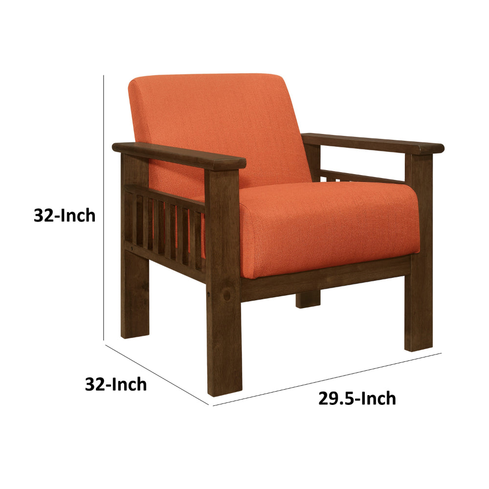 Benjara Bella 32 Inch Accent Chair Armchair, Storage Arms, Orange, Solid Rubberwood