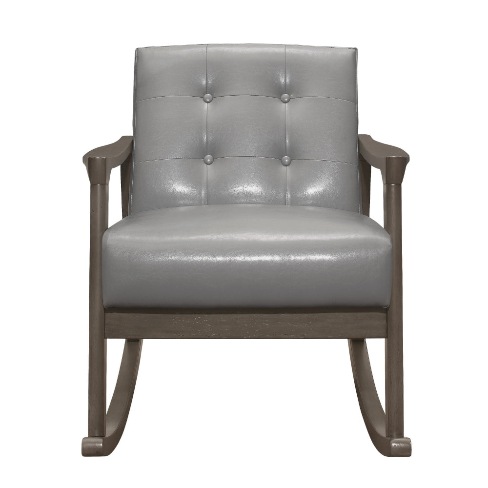 Benjara Ciao 37 Inch Rocking Chair Armchair, Light Gray Faux Leather, Solid Wood