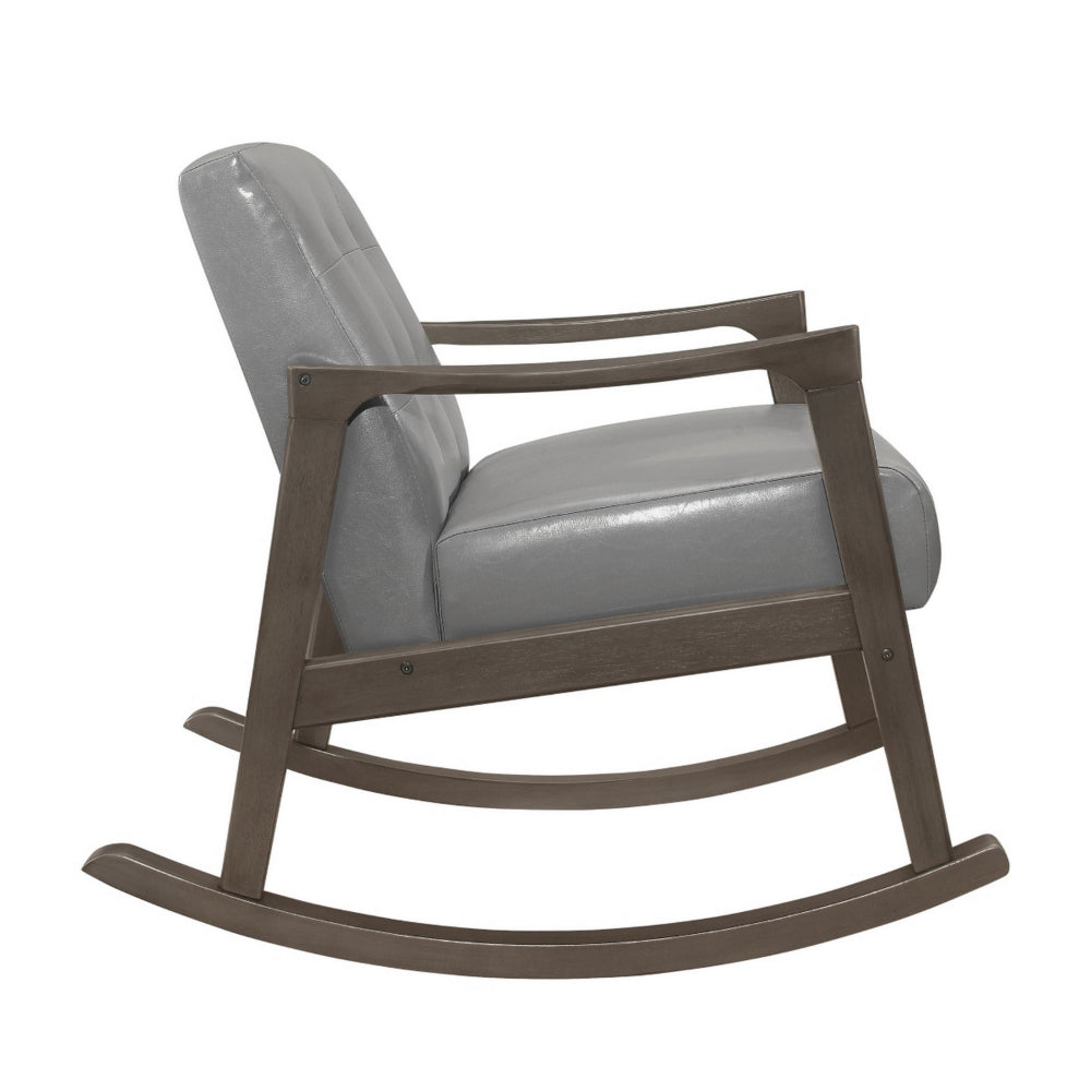 Benjara Ciao 37 Inch Rocking Chair Armchair, Light Gray Faux Leather, Solid Wood